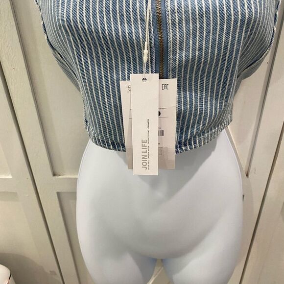 Bershka Strap Detail PinstripesBlue Denim  Zip Up Crop Top In Size Large - Picture 8 of 17